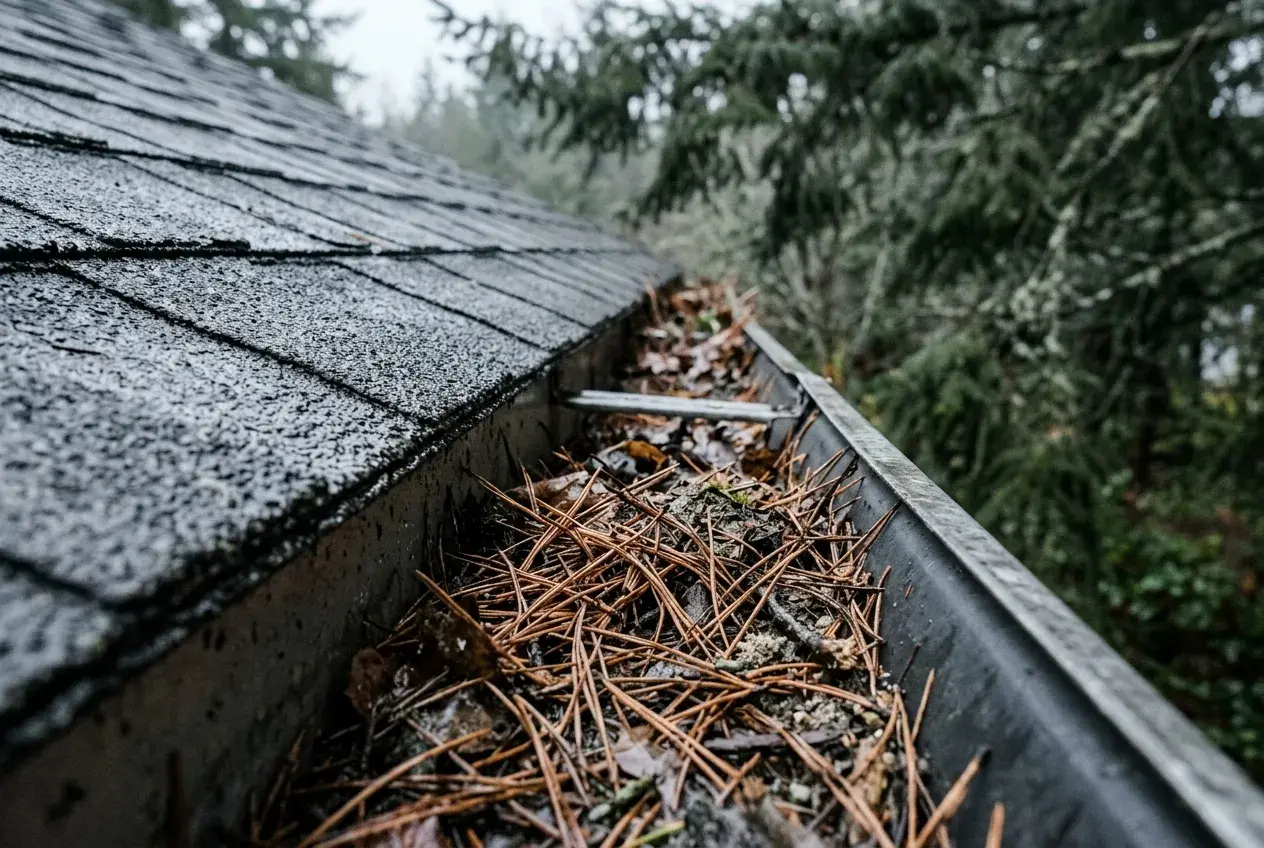 Pine needles and organic debris collected in a residential gutter along a shingle roof edge, damp under overcast light.