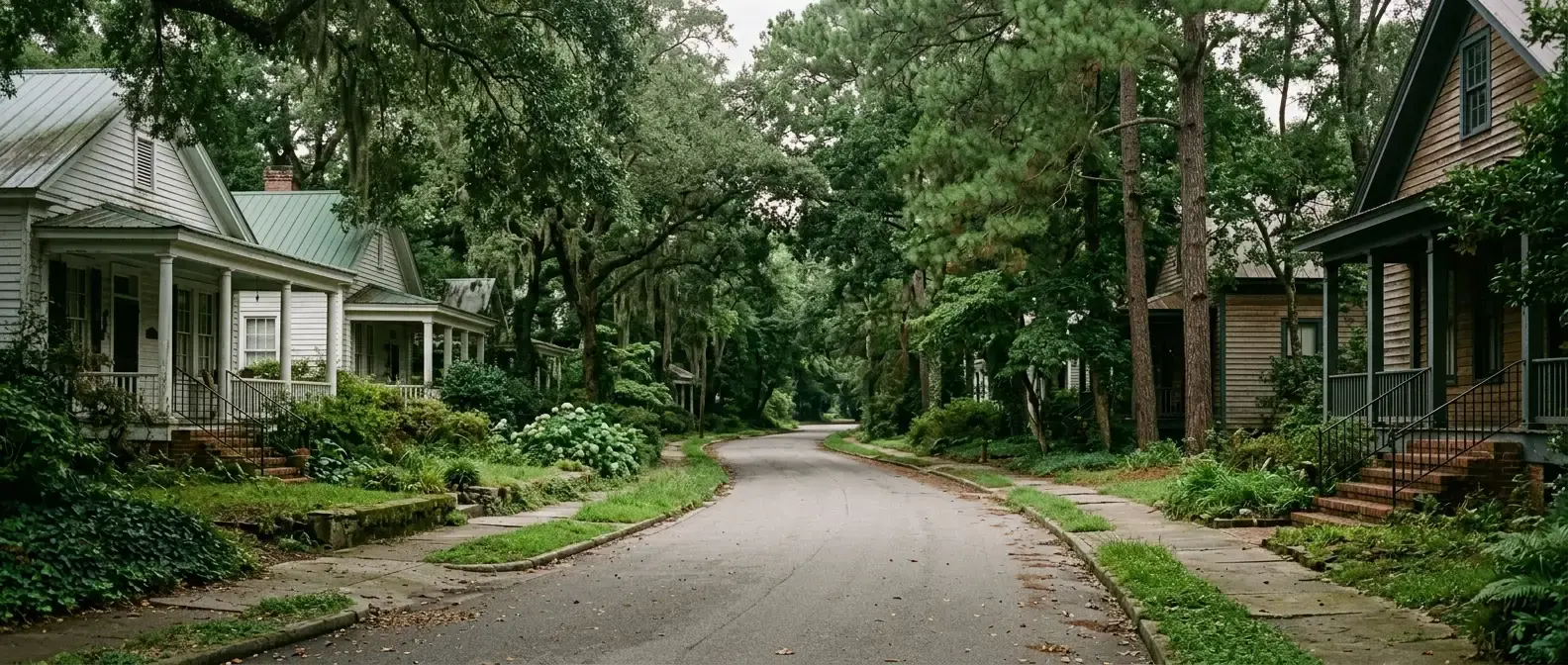 A shaded residential street in a historic Southern town, older cottages set back beneath a deep pine and oak canopy on an overcast day.
